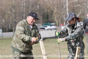 Президент в составе своей бригады высаживает деревья на территории мемориального комплекса «Хатынь»